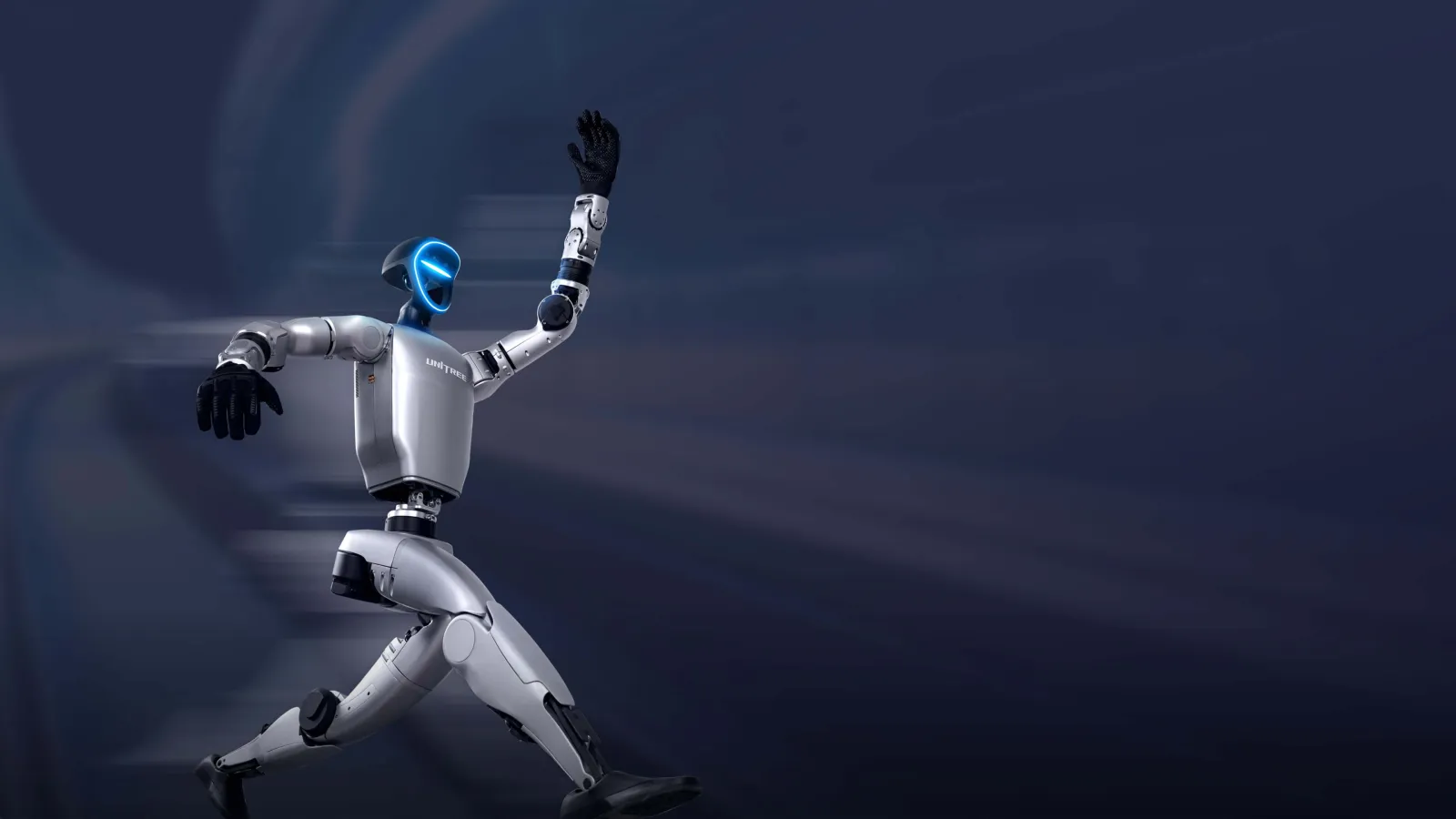 Unitree G1 humanoid robot striding forward with one arm raised