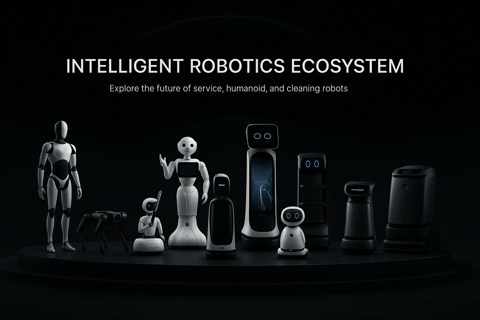 Intelligent robotics ecosystem — RentRobots service, humanoid, and cleaning robots lineup